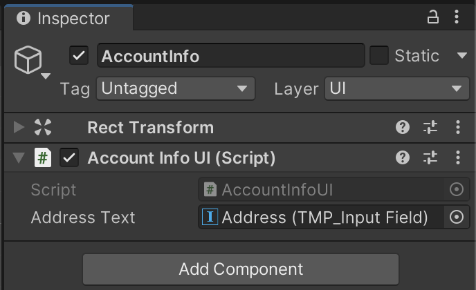 The Inspector panel, showing the connection to the `AccountInfoUI` object